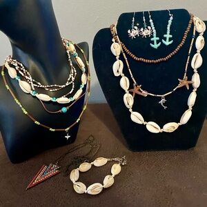 Boho Coastal Vibe Shell and Beaded Choker Necklaces Set, earrings, bracelet